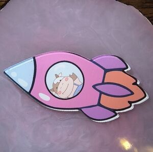 Women’s Jewelry Unique Fun Cute Pink Rocket with Cow inside Enamel  Pin
